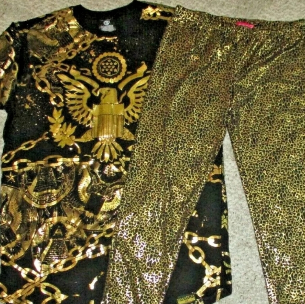 Black Shiny Gold Metallic Leopard Chain Eagle Print Shirt & Pants Outfit NWOT L